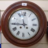 A Vintage oak-cased 8-day wall hanging clock, circular reverse painted glass dial with blued steel