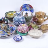 A group of Continental ceramics, including Spongeware bowl, faience plates etc
