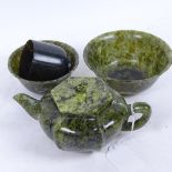 A group of spinach nephrite/jadeite items, including pumpkin teapot and bowls, teapot height 9cm (4)