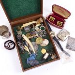 Various collectables, including shell cameo, wristwatches, tigers eye cufflinks etc (boxful)