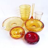 A Whitefriars amber ribbed vase, 18cm, Whitefriars amber dishes, and 2 other vases, and a red bubble