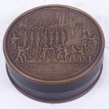 A 19th century French silver plate and Bois Durchi commemorative cylindrical snuffbox, depicting