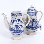 A pair of English blue and white ceramic teapots, chinoiserie decoration, largest height 25cm,
