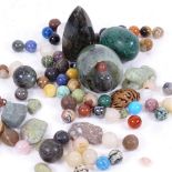 A group of carved and polished hardstone balls, labradorite prism, malachite egg etc (boxful)