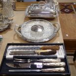 A silver plated bead-edge tureen and cover, a plated 2-handled hors d'oeuvres dish, a cased