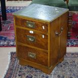 A small burr-yew wood 3-drawer chest with green leather top, and brass mounts, W41cm, H57cm