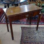 A Georgian mahogany rectangular fold over tea table, with single frieze drawer, W92cm, H73cm, D46cm