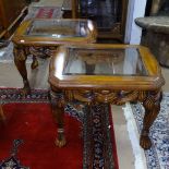 A pair of cherrywood lamp tables, with inset glass bevel tops, pierced swag design frieze and