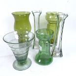 2 Finnish green glass 1960s vases, tallest 20cm, a hyacinth vase, and 3 others