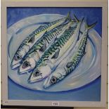 Clive Fredriksson, oil on board, a plate of mackerel, 55cm x 55cm