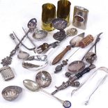 Various collectables, including silver plated Vestas, caddy spoons, punch rattle, miniature trowel
