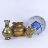 A Chinese bronze censor, 2 vases and a blue & white fish decorated plate