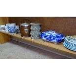 An oak barrel with plated mount, Royal commemorative mugs, and various china