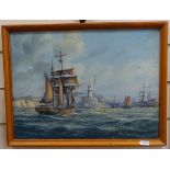 Max Parsons, oil on board, ships at Newhaven, framed, 33cm x 43cm