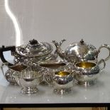 A 3-piece silver plated tea set of half-fluted form, a 3-piece bullet shape plated tea set, and a