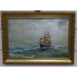 E H B White, oil on board, ship on rough seas, framed, overall 24cm x 33cm