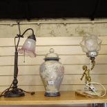 A brass figural lamp with green onyx base, modern column lamp with frilled lilac shade, and a modern