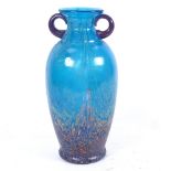 A blue Studio glass 2-handled vase, marbled blue green and purple decoration with glittered accents,