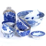 A group of Chinese blue and white ceramics, including gilded tea bowls and caddy, 18th century