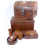 A small metal-bound dome-top trunk, Indian inlaid hardwood box, ballot box etc