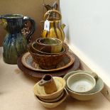 Studio pottery bowls, Art pottery figure design jug, height 20.5cm, slip ware decorated jug etc