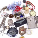 Various collectables, including pocket watch, costume jewellery, buttons, badges etc (boxful)