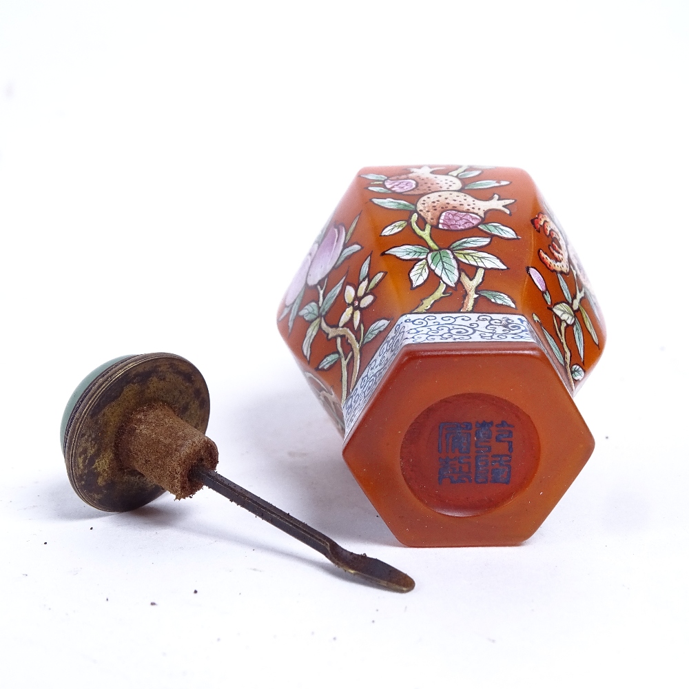 A Chinese Peking orange glass snuff bottle, hand painted peach and pomegranate decoration, with - Image 2 of 2