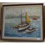 Lucas, oil on canvas, pleasure boats, framed, 59cm x 69cm, and oil on canvas, steam boat, by a