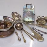 A Britannia Metal sugar scuttle, a pair of large plated serving spoons, a wine coaster, Apostle