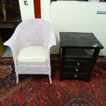A painted Lloyd Loom bedroom chair, and a hardwood 3-drawer bedside chest (2)