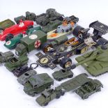 A box of military diecast vehicles, including a Dinky Chieftain Tank