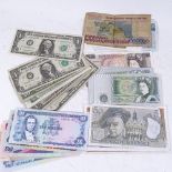 Various world banknotes, including British, American, Spanish, French and Jamaican