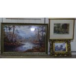 Colour print, sheep in landscape, in ornate frame, overall 42cm x 46cm, and 2 other framed prints (