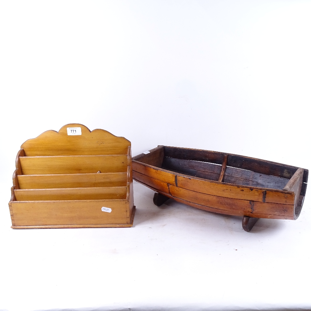A satinwood desktop stationery rack, and an Oriental bamboo trough, length 47cm