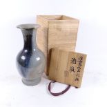 A Japanese Studio pottery baluster vase, impressed mark on base, height 28cm, with original wood box