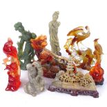 Various jadeite and hardstone carvings and figures, including composition lion, red composition