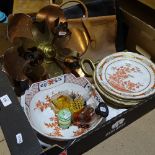 Perfume bottles, 19th century Spode plates, a copper and brass light fitting, 2 leather cases etc