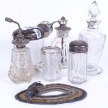 A Victorian etched glass bottle and stopper, with silver collar, silver-mounted atomisers, and other