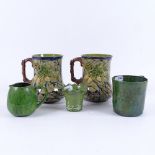 3 pieces of Rye green glaze pottery, and a pair of Hop Ware style mugs, height 12cm (5)