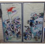 A pair of large mid-century Chinese watercolours, processions, in later frames, 177cm x 87cm