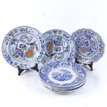 A pair of coloured Davenport ironstone plates, 24.5cm, 5 blue and white "Tea Party Scene" plates etc