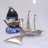 2 silver model sailing vessels, 1 stamped 925 sterling to the deck