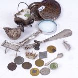 Various collectables, including jade eggs, Egyptian silver dish, Victorian silver-handled magnifying