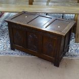 A chip carved and 3-panelled oak coffer on stile legs, W82cm, H48cm, D43cm