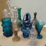 Various glassware, including iridescent green glass ewer, decanter and stopper, goblets etc (10)