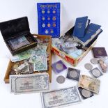 Various world coins and banknotes, including a quantity of crowns (2 boxes)