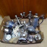 A tray of miscellaneous plate ware, to include tea sets, candelabra, hip flask etc