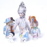 An Oriental box containing Vintage porcelain half dolls, and another, and a larger boudoir doll,