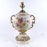 A large painted and gilded ceramic and resin urn table lamp, height excluding fitting 35cm