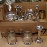 A quantity of silver plated ware, to include rose bowls, bud vase, butter dish, candelabras etc